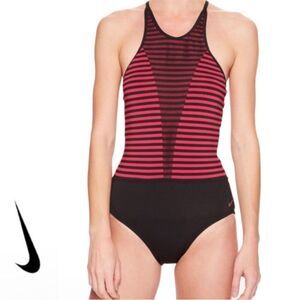 NWT Nike Size Large One Piece Laser High Neck Striped Bikini Swimsuit